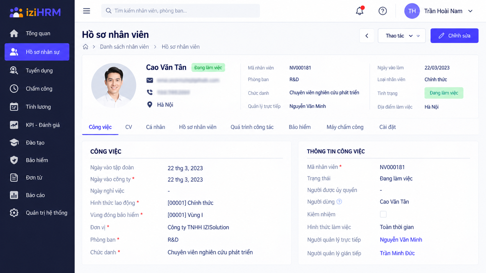 Ảnh minh hoạ màn hình hồ sơ nhân viên số hoá trong iziHRM