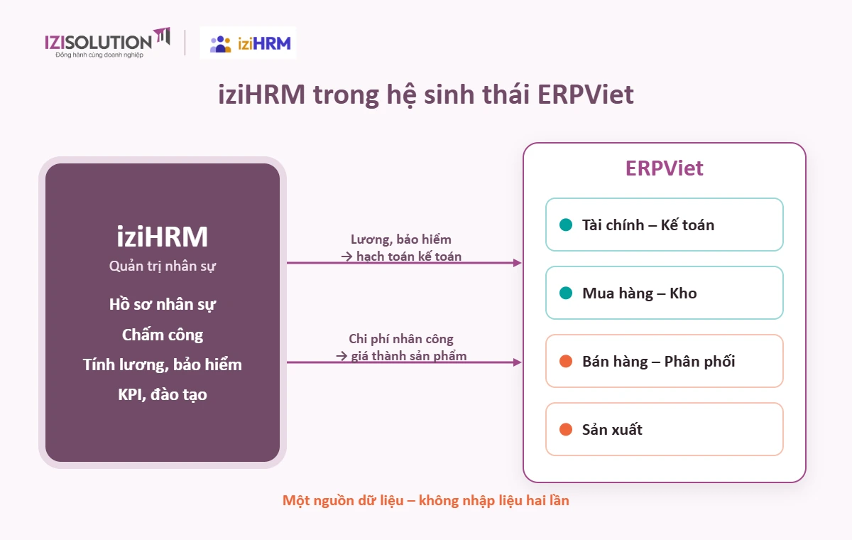 iziHRM và ERPViet dùng chung dữ liệu nhân sự, tài chính và vận hành. Sơ đồ phần mềm quản lý nhân sự iziHRM kết nối với hệ thống ERPViet